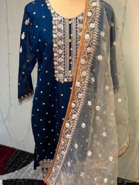 Ethnic Indian Wear Navy Blue & Gold Embroidered Salwar Kameez with Sheer Dupatta